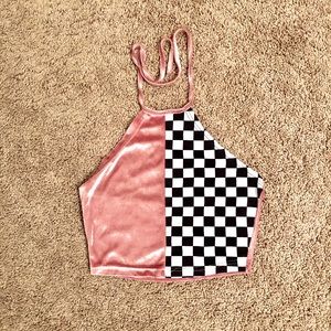 Half pink velvet and checkered board halter top